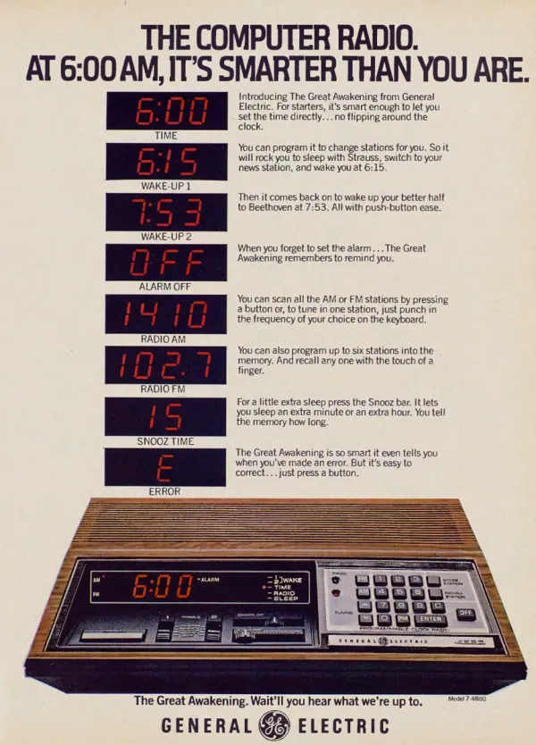 A woodgrain GE programmable clock radio sits below a ladder of red digital time displays and feature explanations.
