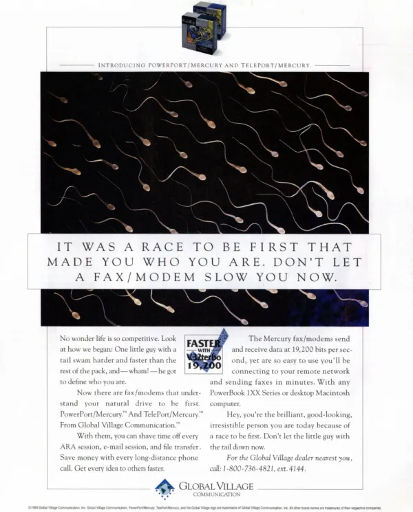 Global Village Mercury fax modem ad sets a field of sperm silhouettes above two columns of copy and small product boxes.