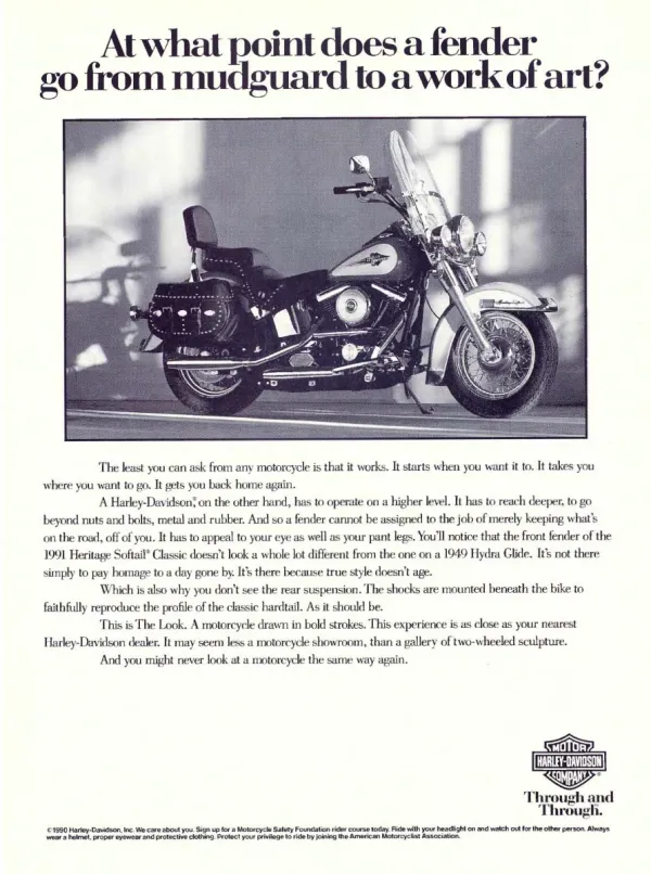 Side view of a 1991 Harley-Davidson Heritage Softail Classic, with a large question about its sculpted front fender above the motorcycle.