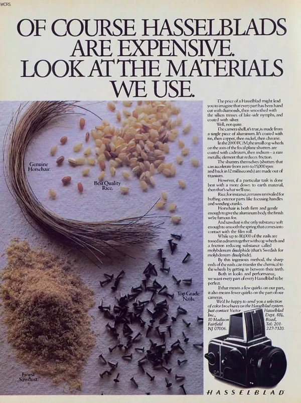 Hasselblad ad showing piles of rice, horsehair, sawdust, and nails beside a small camera, beneath a large headline about expense.
