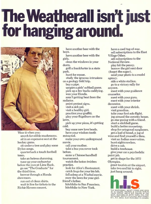 Young man in a tan Weatherall jacket stands beside an exuberant three-column list of things to do while wearing it.