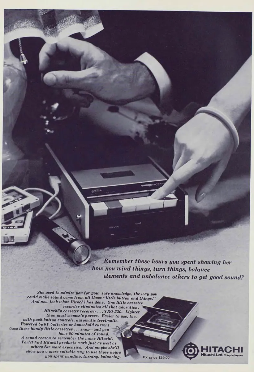 A woman presses a Hitachi cassette recorder button while a man reaches toward a lamp; cassettes and a microphone lie beside it, with a product inset and $39 PX price below.