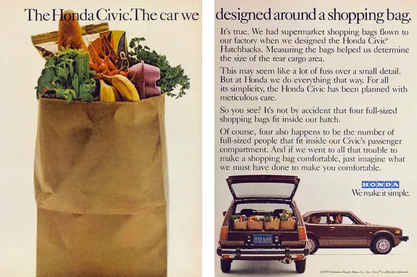 A towering grocery bag fills one half of the ad; a Honda Civic hatchback carries four bags beneath the copy on the other half.