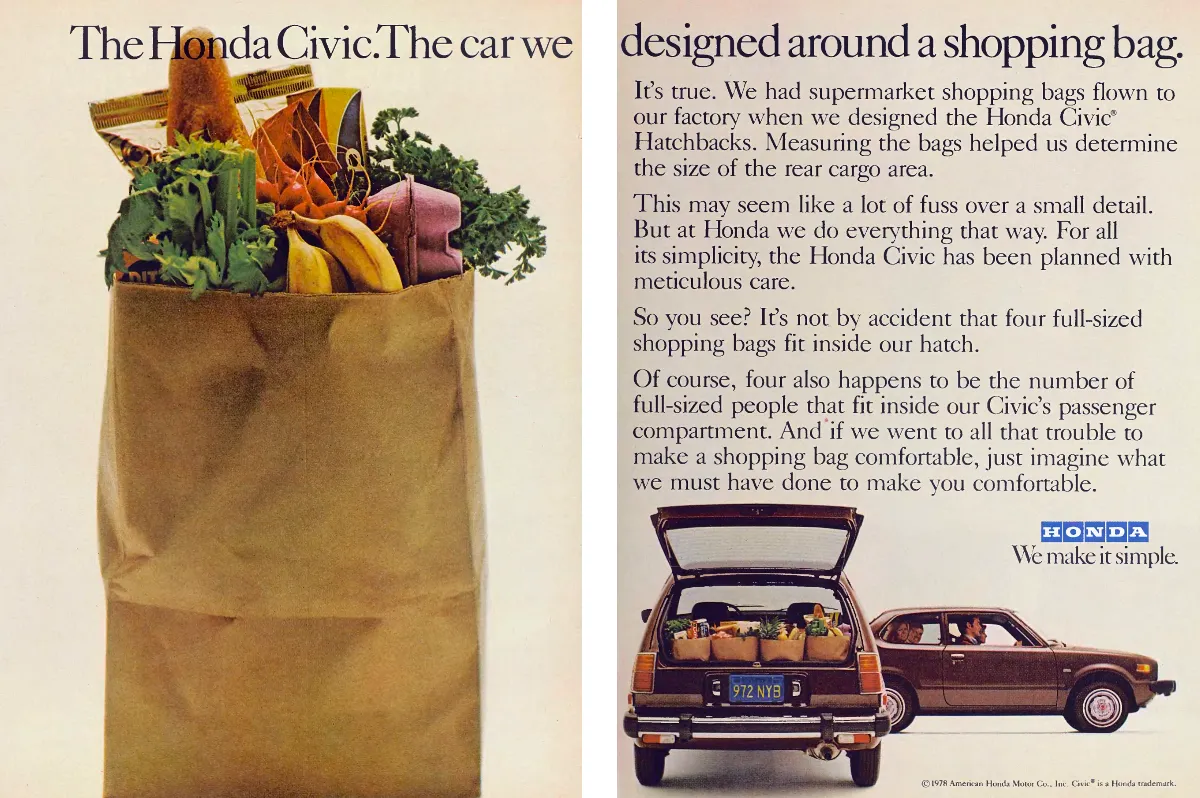 A towering grocery bag fills one half of the ad; a Honda Civic hatchback carries four bags beneath the copy on the other half.