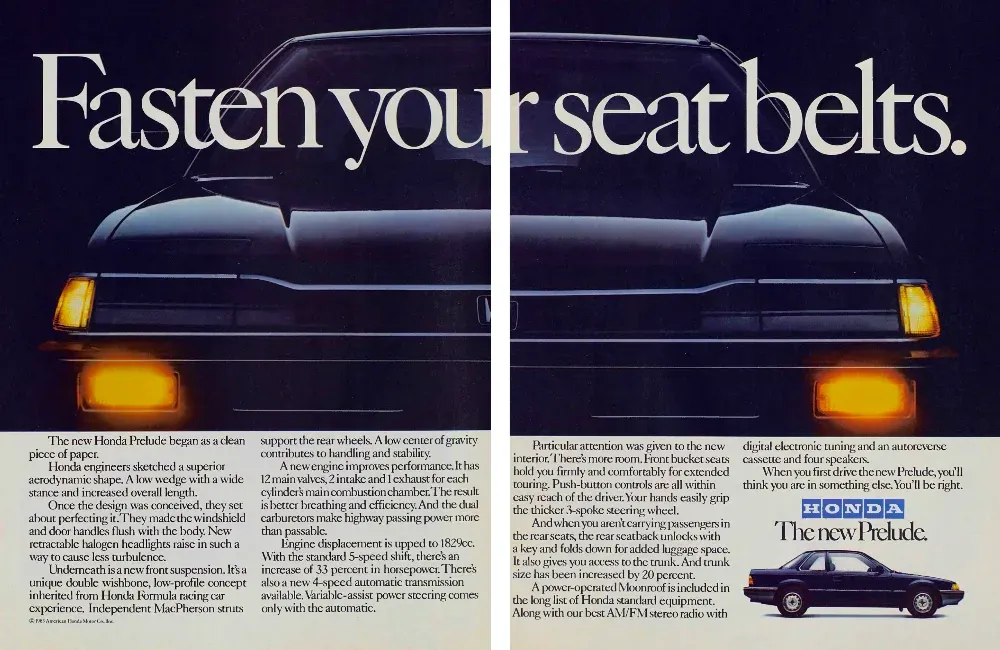 Honda Prelude print advertisement from 1983 showing the dark front of the coupe across a two-page spread with engineering and interior details.