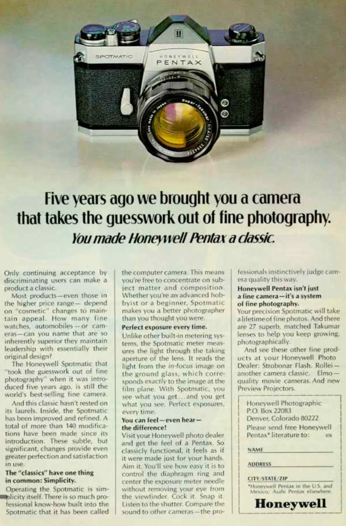 A Honeywell Pentax Spotmatic camera is pictured above a three-column explanation of its metering, handling and lens system.