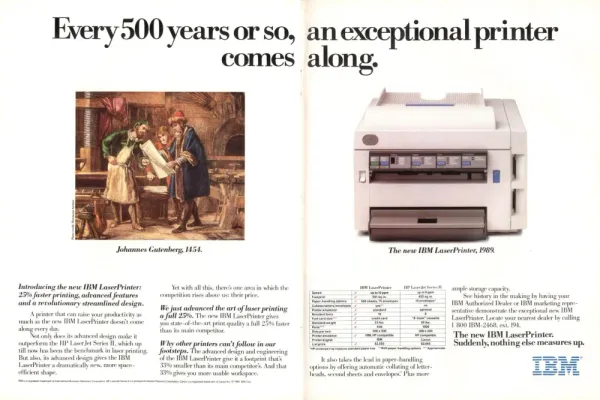 IBM two-page LaserPrinter ad comparing an illustration of Gutenberg's workshop with a white laser printer, under a headline spanning the fold.