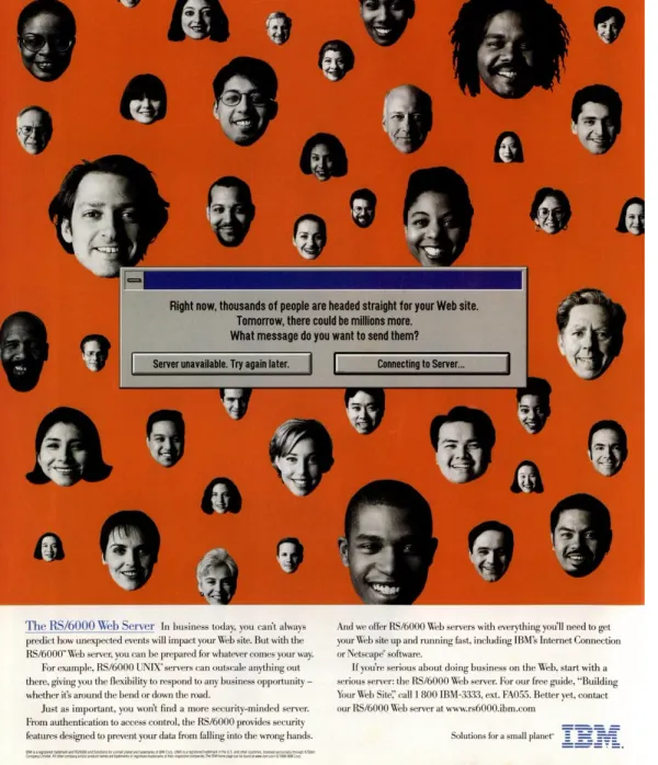 IBM RS/6000 Web Server ad with floating customer faces on an orange field around a simulated browser alert reading Server unavailable. Try again later.