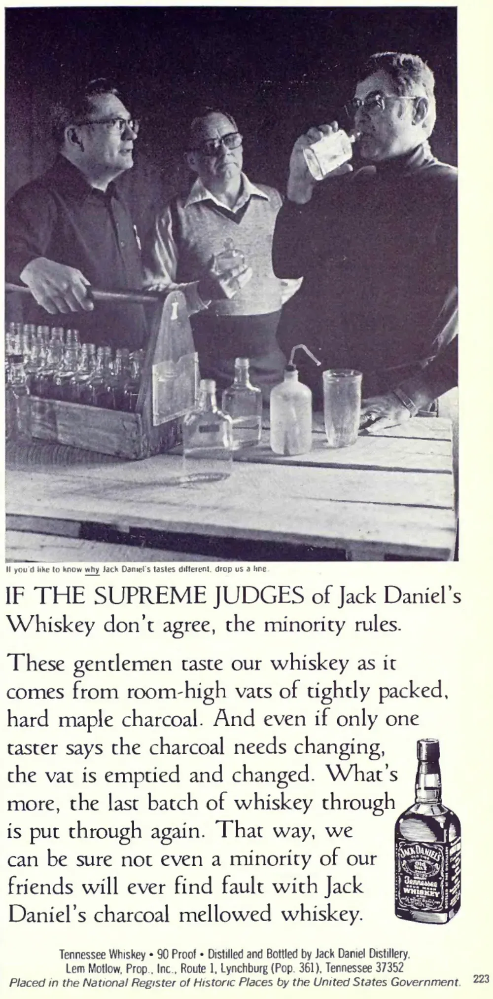 Jack Daniel's print advertisement from 1980 showing three tasters at a table with whiskey bottles and glasses.