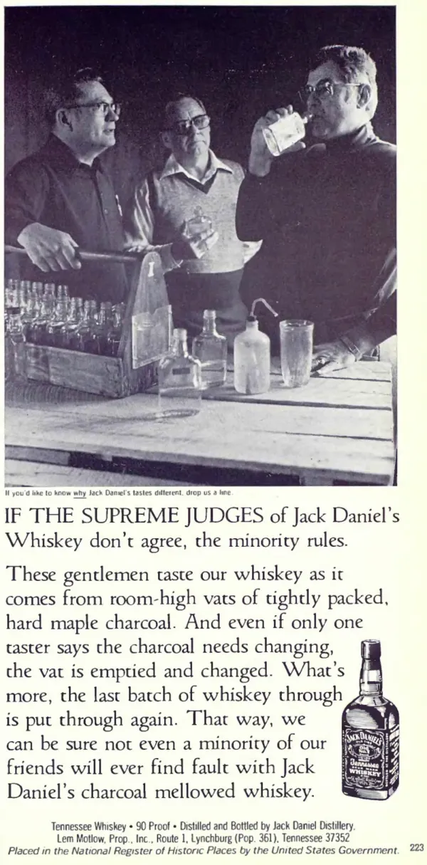 Jack Daniel's print advertisement from 1980 showing three tasters at a table with whiskey bottles and glasses.