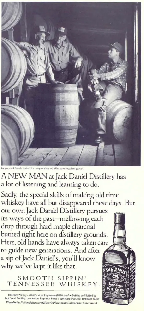 Jack Daniel's print advertisement from 1990 showing three distillery workers among wooden barrels.
