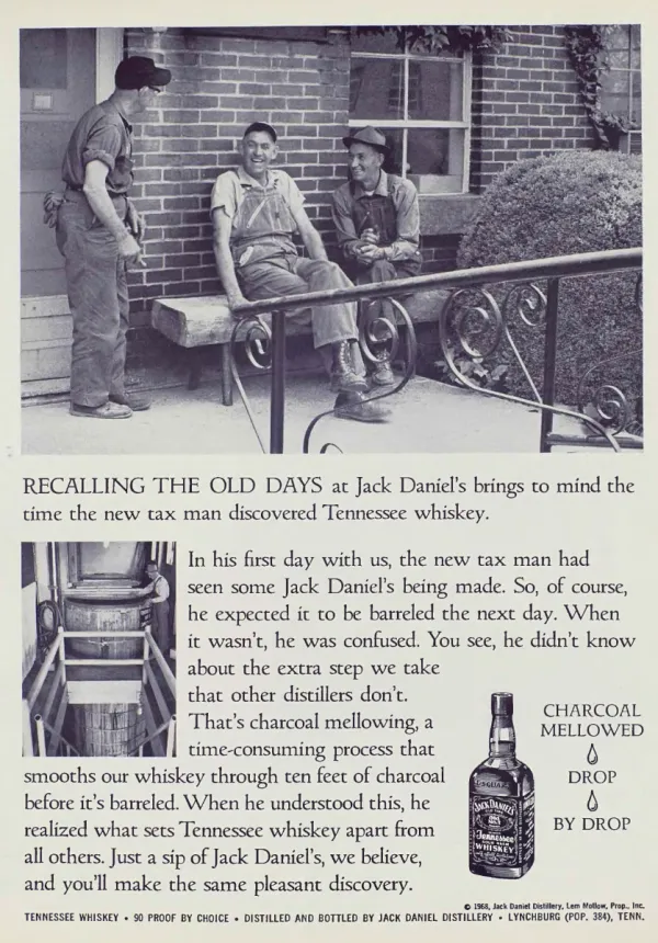 Three men talk outside a brick building above a story about charcoal mellowing, with a vat photograph and Jack Daniel’s bottle below.