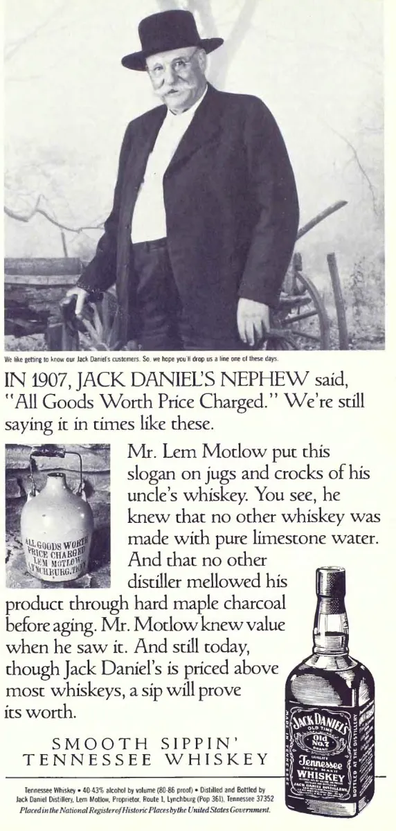 Black-and-white portrait of Lem Motlow above an old whiskey jug, a Jack Daniel’s bottle, and a statement about value.