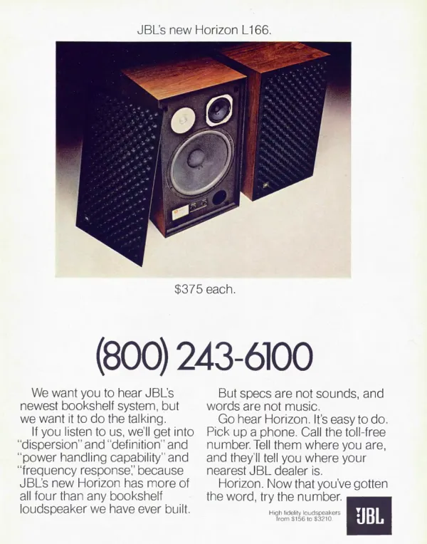 Two wood-veneered JBL Horizon L166 loudspeakers, one with its grille removed, stand above an oversized telephone number.
