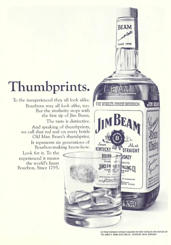 Jim Beam bourbon bottle stands behind a tumbler bearing a fingerprint, alongside copy headed Thumbprints.