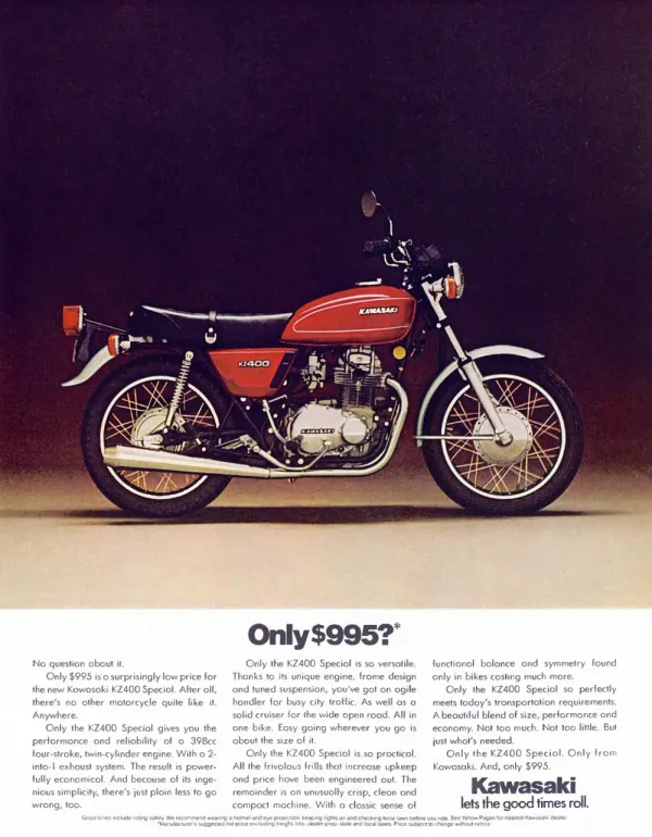 Red Kawasaki KZ400 Special motorcycle shown in profile against a dark studio background, above a $995 headline and three columns of copy.