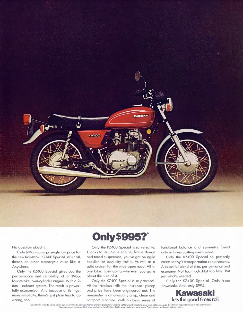 Red Kawasaki KZ400 Special motorcycle shown in profile against a dark studio background, above a $995 headline and three columns of copy.