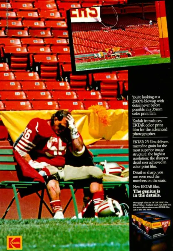 Kodak EKTAR film ad contrasts a football player on a sideline with a magnified inset showing readable stadium seat numbers.