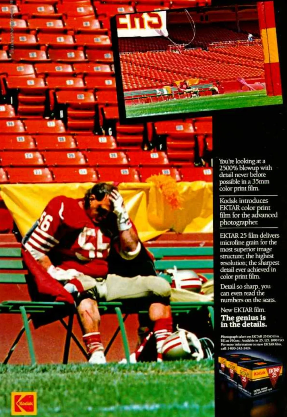 Kodak EKTAR film ad contrasts a football player on a sideline with a magnified inset showing readable stadium seat numbers.
