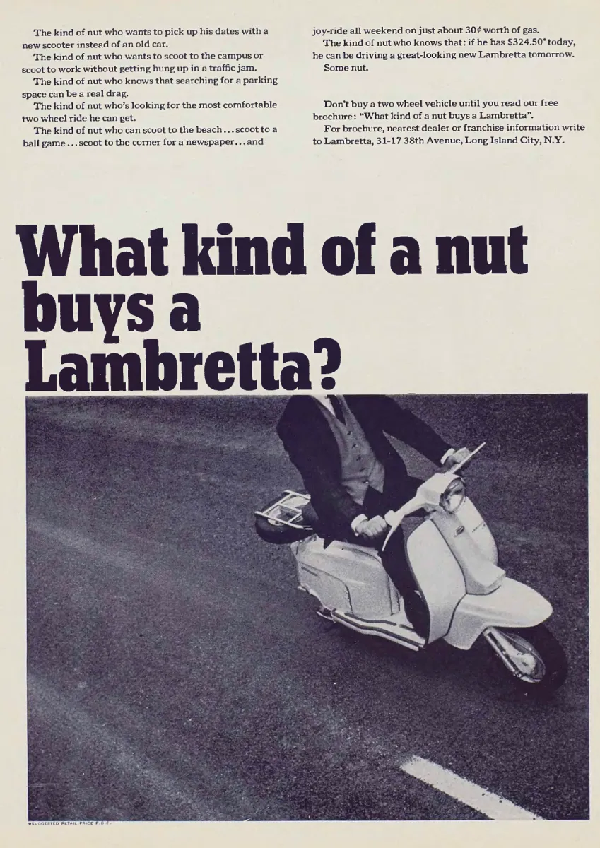 A huge headline asks who buys a Lambretta above an overhead photograph of a suited rider on a pale scooter.