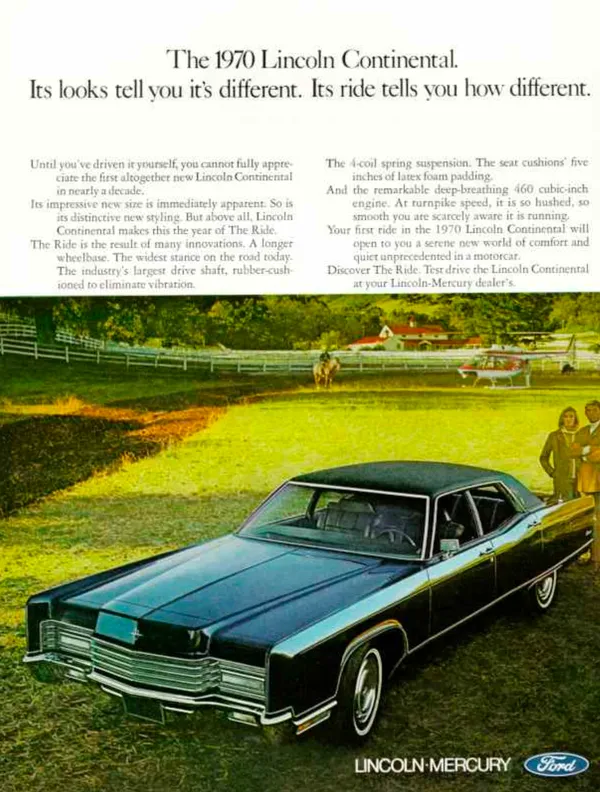 A long dark 1970 Lincoln Continental sits on a landscaped estate below copy inviting readers to discover its quiet ride.