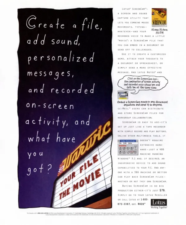 Lotus ScreenCam ad with a handwritten question beside a movie-theater marquee reading Your File the Movie, product package and software controls.