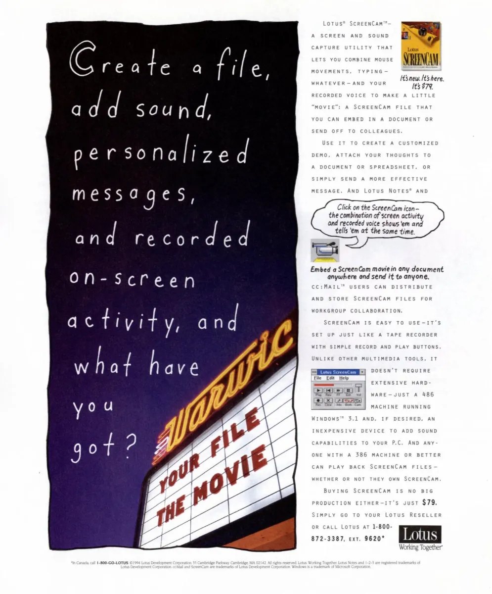 Lotus ScreenCam ad with a handwritten question beside a movie-theater marquee reading Your File the Movie, product package and software controls.