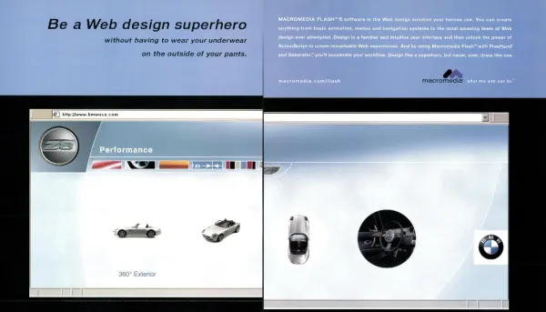 Macromedia Flash 5 spread with a superhero headline above a wide BMW Z8 website shown in two browser windows.