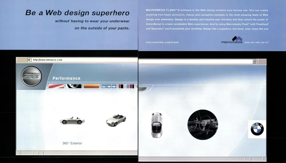 Macromedia Flash 5 spread with a superhero headline above a wide BMW Z8 website shown in two browser windows.