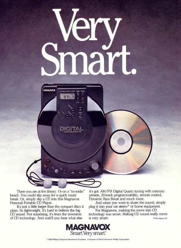 Magnavox personal portable CD player with headphones and a compact disc beneath the oversized words Very Smart.