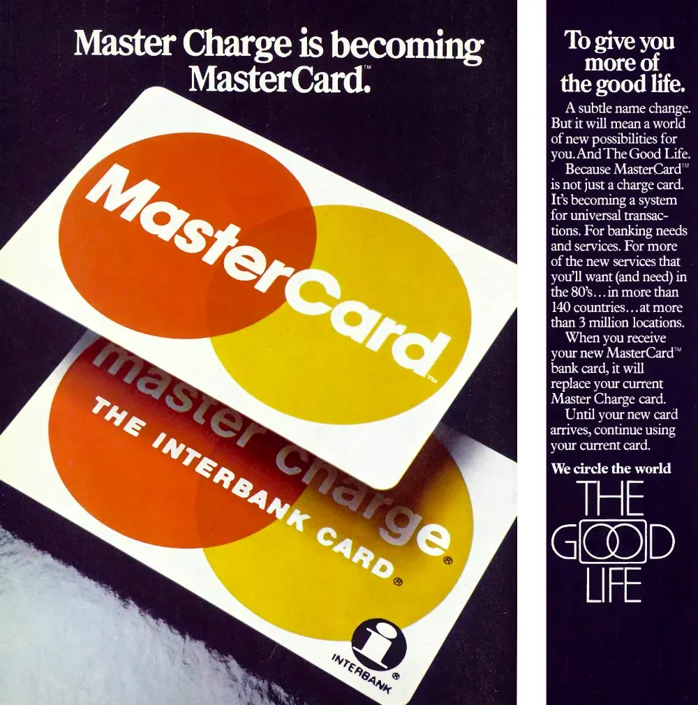 Mastercard print advertisement from 1980 showing the old Interbank and Master Charge cards transitioning into the MasterCard brand.
