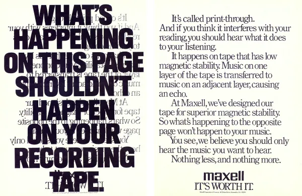 Two-page Maxell tape advertisement: heavy black headline over reversed print on the left, explanation of tape print-through on the right.