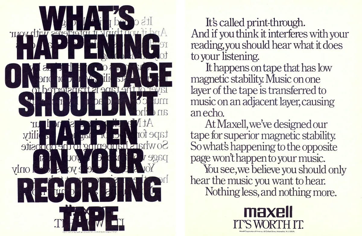 Two-page Maxell tape advertisement: heavy black headline over reversed print on the left, explanation of tape print-through on the right.