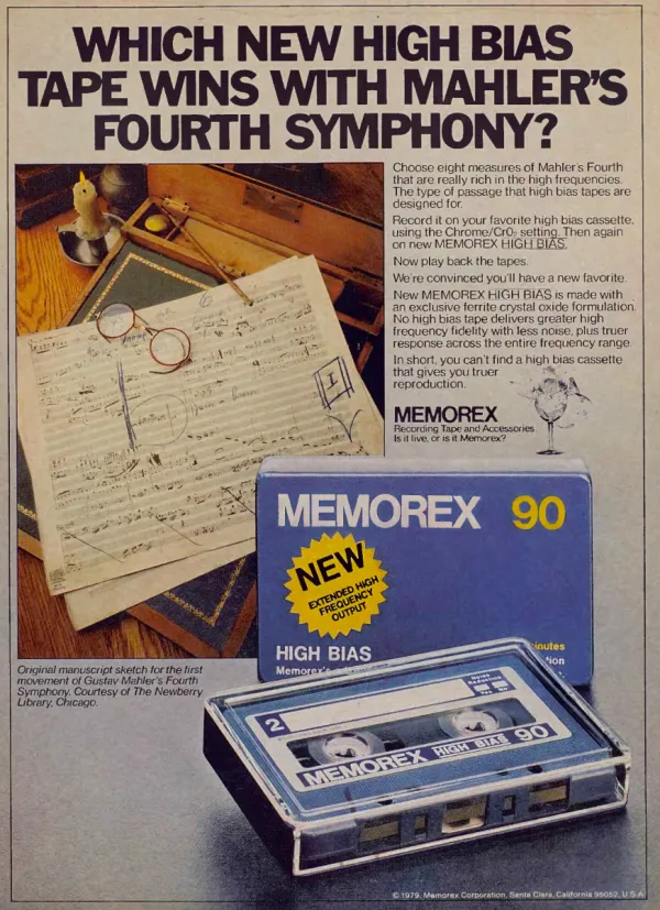 Mahler's marked manuscript sits behind a blue Memorex High Bias 90 cassette package and a clear cassette case.