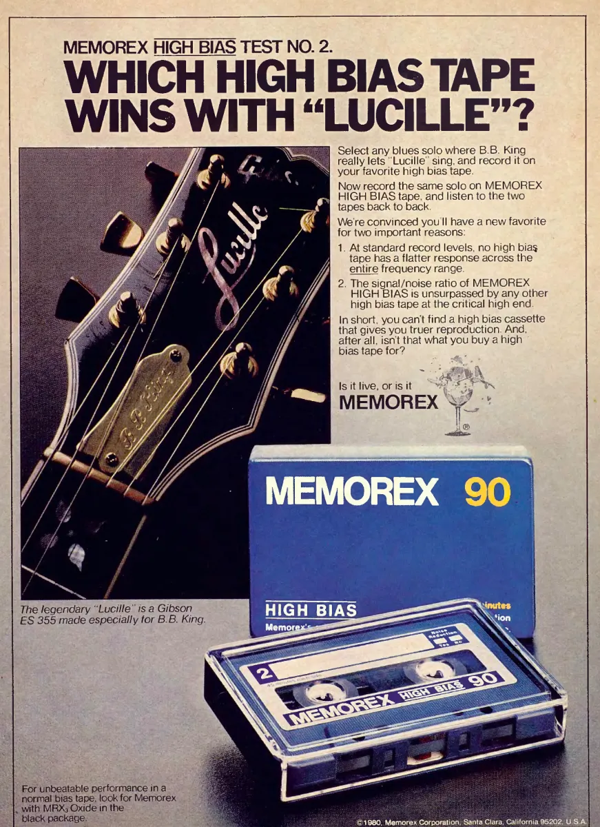 B.B. King's guitar Lucille fills the left side beside a Memorex High Bias 90 cassette and instructions for a listening comparison.