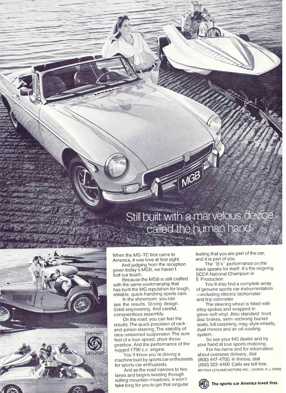 An MGB roadster fills a waterside photograph beside a woman and a motorboat, with smaller MG scenes and two columns of copy below.