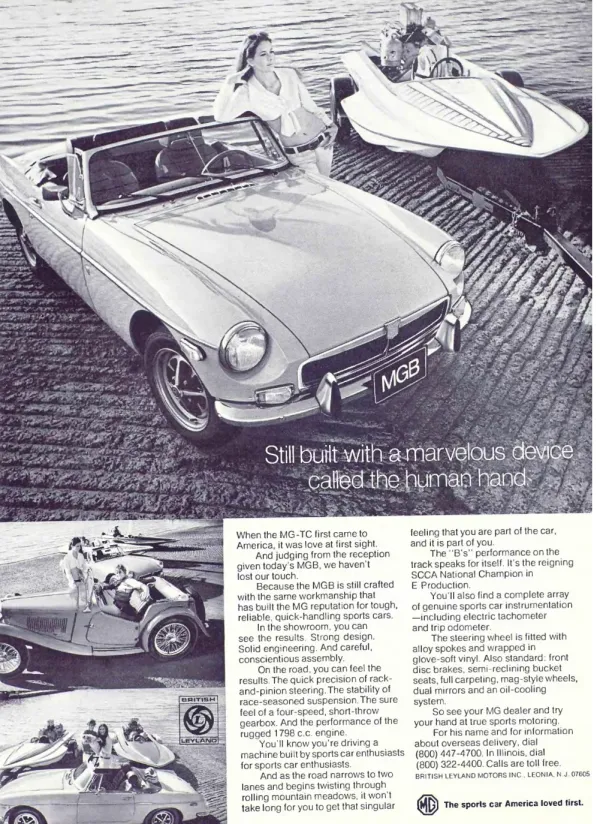 An MGB roadster fills a waterside photograph beside a woman and a motorboat, with smaller MG scenes and two columns of copy below.