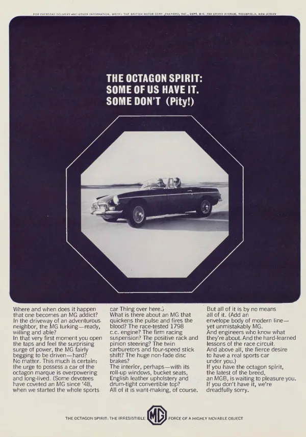 An MGB roadster is framed inside a large octagon on a dark field beneath a headline about the octagon spirit.
