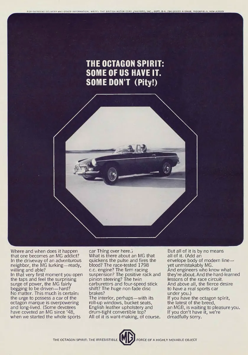 An MGB roadster is framed inside a large octagon on a dark field beneath a headline about the octagon spirit.
