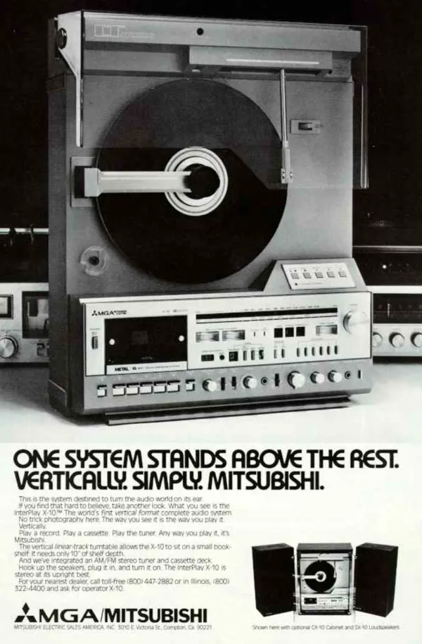 MGA/Mitsubishi InterPlay X-10 upright audio system with a vertically mounted record, tuner and cassette deck, plus a smaller product view with speakers.