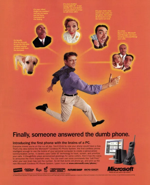 Orange Microsoft Cordless PC Phone ad with a leaping man, floating people and dog, yellow call scenarios, and the handset beside a computer.