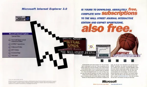 Microsoft Internet Explorer 3.0 two-page ad with an oversized pixelated cursor, a list of special online offers, and free access to Wall Street Journal and ESPN content.