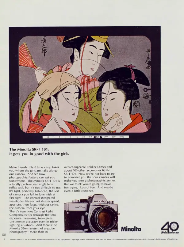 Japanese print of three women framed like a camera viewfinder above Minolta SR-T 101 copy and a photograph of the camera.