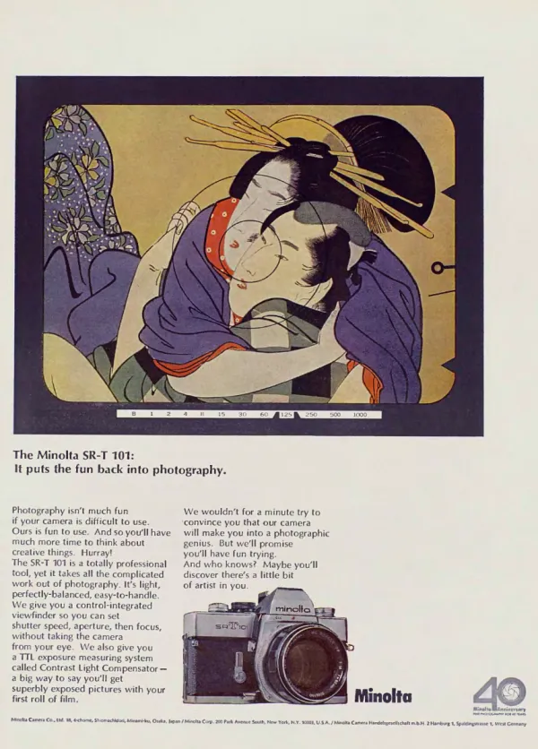 A Japanese print of an embracing couple appears inside a camera-viewfinder frame with shutter-speed markings, above Minolta SR-T 101 copy and a camera photograph.