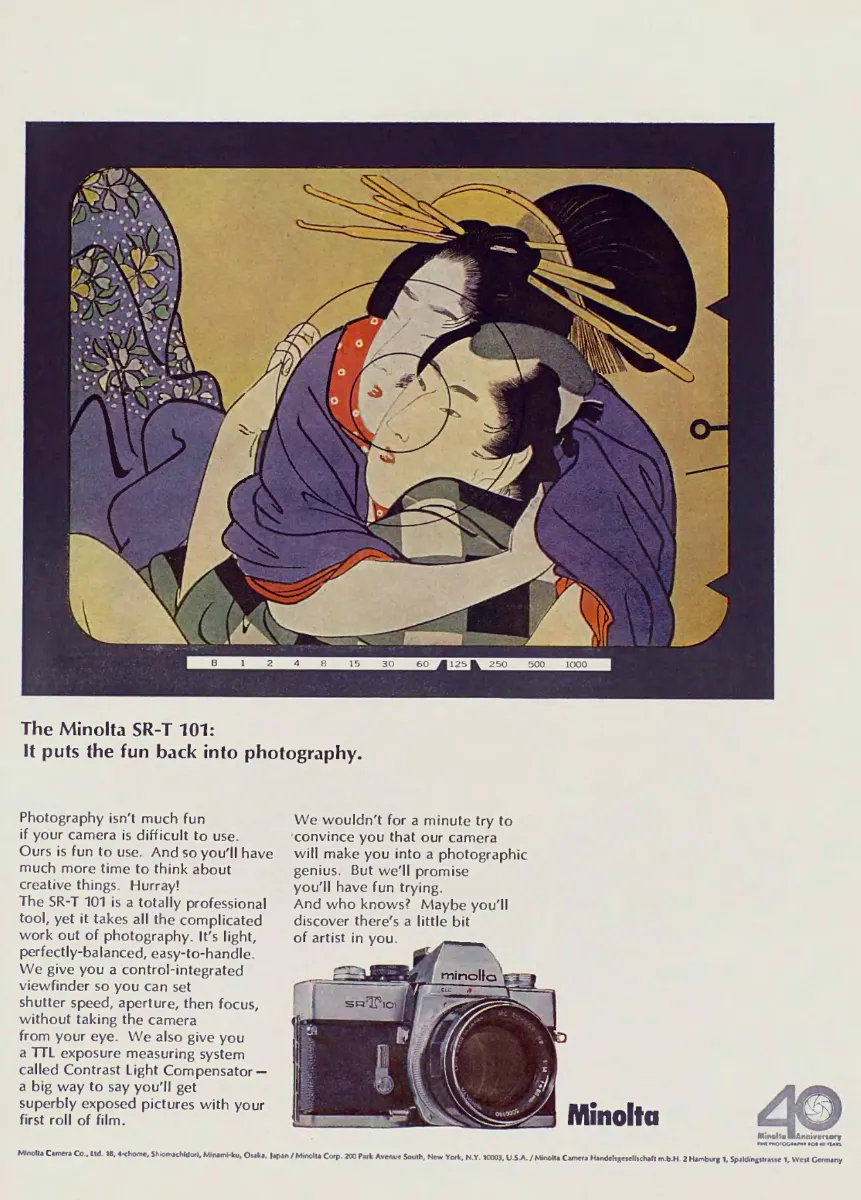A Japanese print of an embracing couple appears inside a camera-viewfinder frame with shutter-speed markings, above Minolta SR-T 101 copy and a camera photograph.