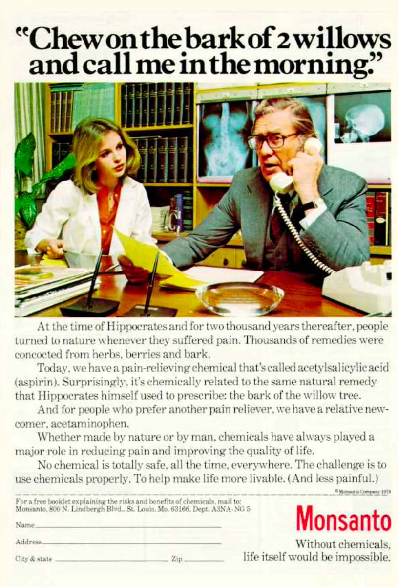 Doctor on a telephone beside a woman in a medical office, under a headline about willow bark and pain relief.