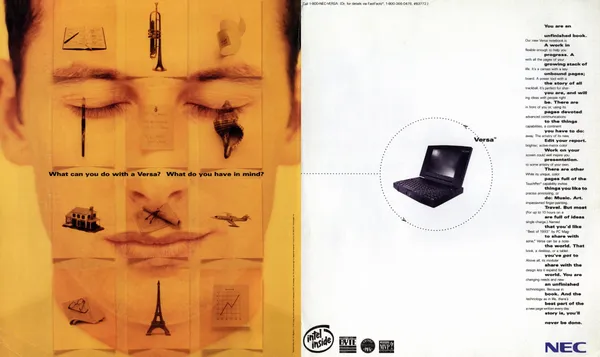 An orange face overlaid with nine life-and-work images faces an NEC Versa notebook and a narrow column of interwoven copy.