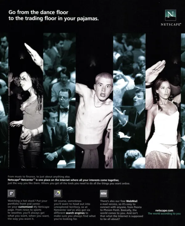 Netscape Netcenter ad alternates vertical strips of dancers and stock traders beneath a headline about moving between their worlds online.