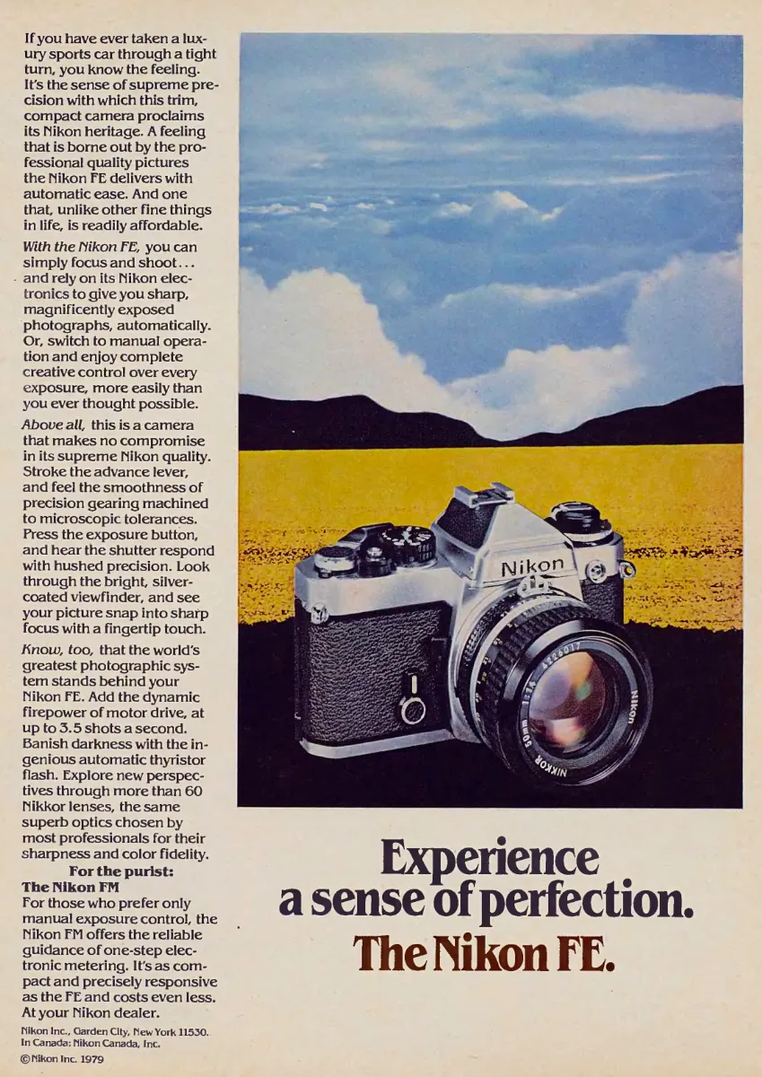 A Nikon FE camera dominates the foreground against a yellow plain and blue sky, beside a tall column of product copy.