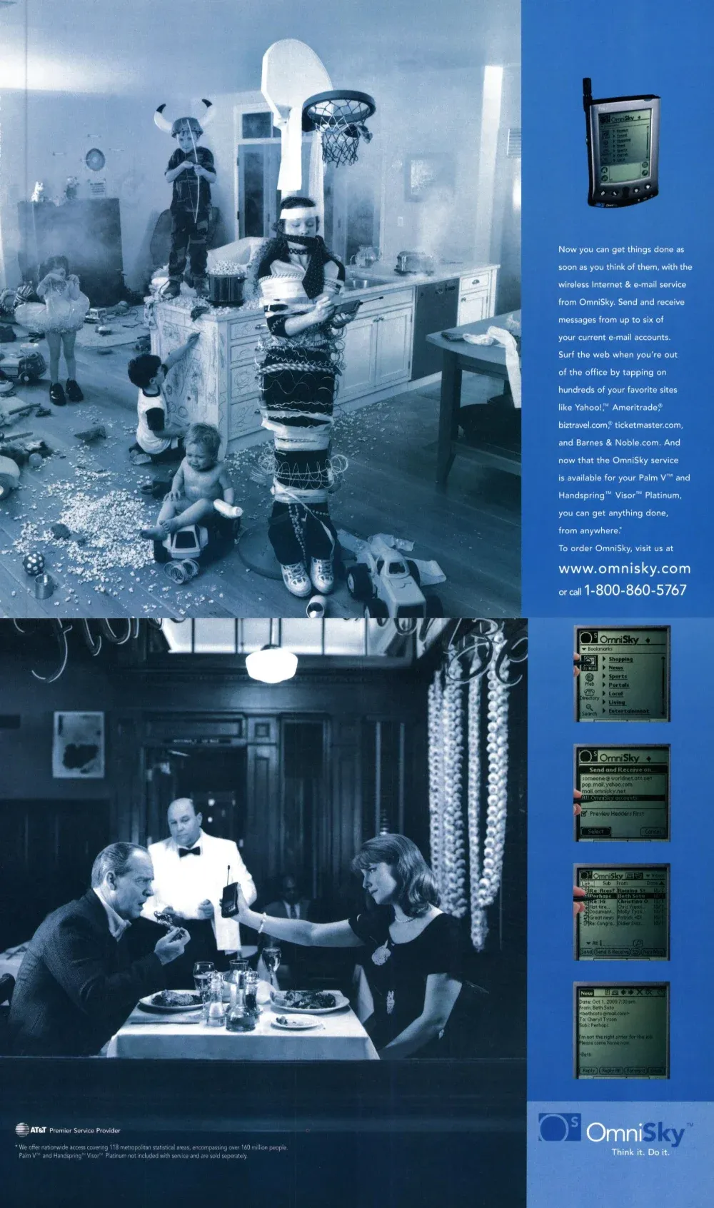 Blue OmniSky ad contrasts a chaotic family kitchen with a restaurant dinner, alongside a Palm handheld and wireless email screens.